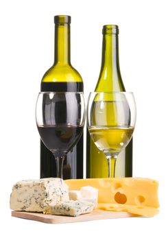 Cheese, white and red wine, isolated on white background