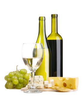 Cheese, white and red wine, isolated on white background