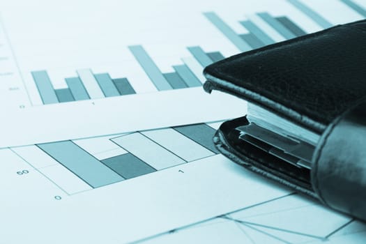 Closeup view of business charts and a note-book