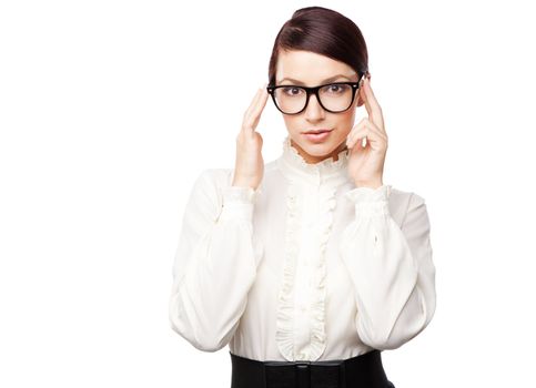 Strict woman in large glasses, isolated on white background