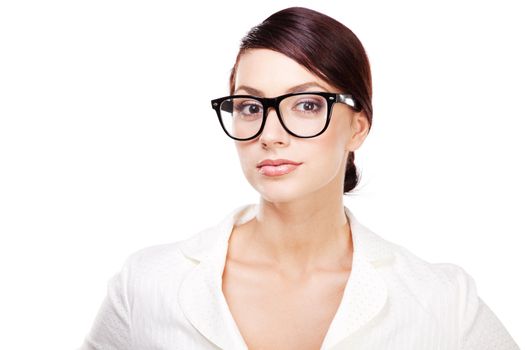 Strict woman in large glasses, isolated on white background