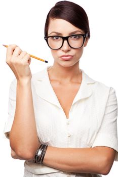 Strict woman in large glasses, isolated on white background