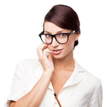 Strict woman in large glasses, isolated on white background