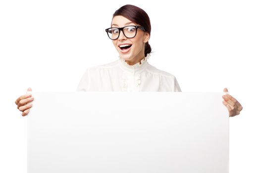 Strict woman in large glasses, isolated on white background