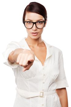 Strict woman in large glasses, isolated on white background