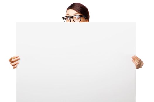 Strict woman in large glasses, isolated on white background