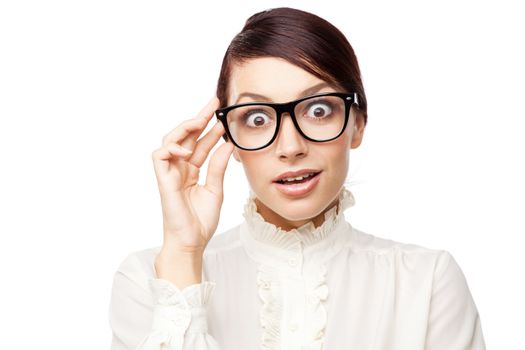 Strict woman in large glasses, isolated on white background