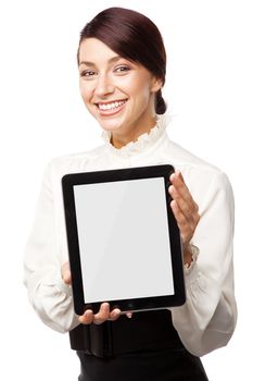 Attractive young woman with a tablet pc, white background