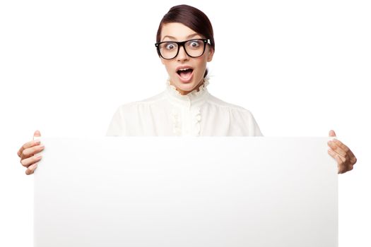 Strict woman in large glasses, isolated on white background