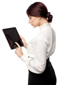 Attractive young woman with a tablet pc, white background