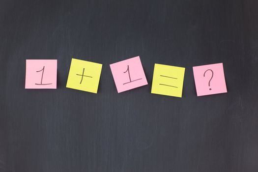 Pink and yellow sticky notes in a row on a blackboard