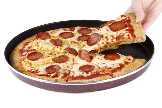 Pepperoni pizza on a tray against white background