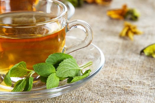 Tea cup with fresh mint leaves, closeup photo