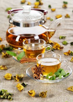 Tea cup with fresh mint leaves, closeup photo