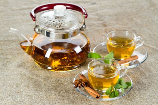 Tea cup with fresh mint leaves, closeup photo