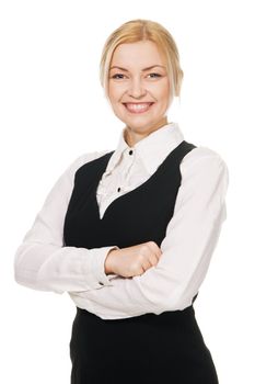 Young beautiful businesswoman, isolated on white background