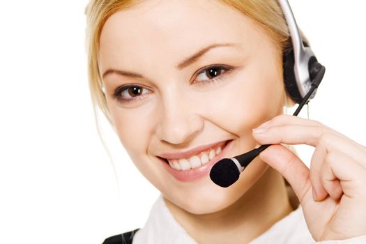 Cheerful professional call center operator, white background