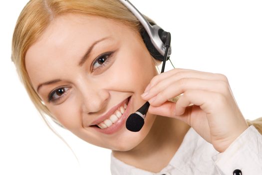 Cheerful professional call center operator, white background