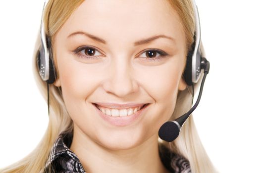 Cheerful professional call center operator, white background