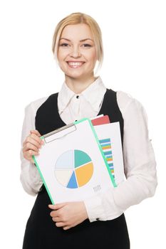 Young businesswoman with a bunch of documents, white background