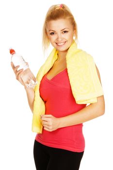 Young woman working out, white background