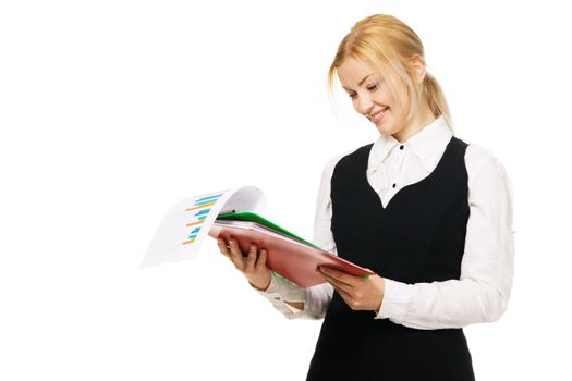 Young businesswoman with a bunch of documents, white background