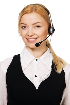 Cheerful professional call center operator, white background