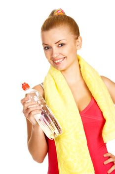 Young woman working out, white background