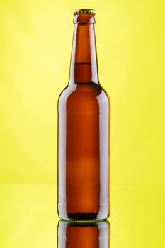 Beer mug and bottles on yellow background, studio photo