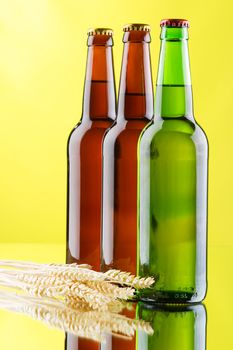 Beer mug and bottle on yellow background, studio photo