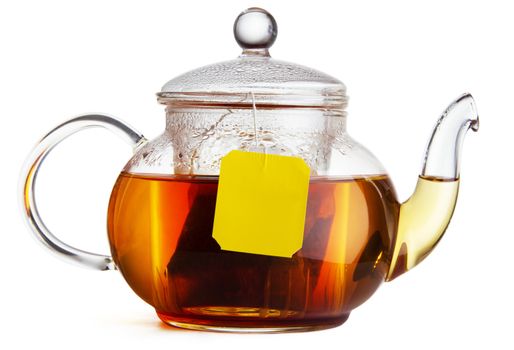 Teapot of hot black tea on white background