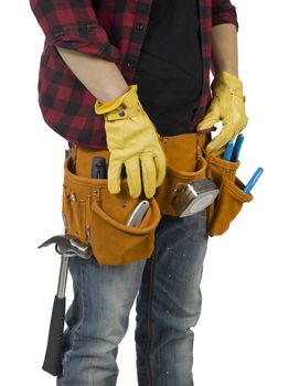 Closed up image of handyman standing over a white background