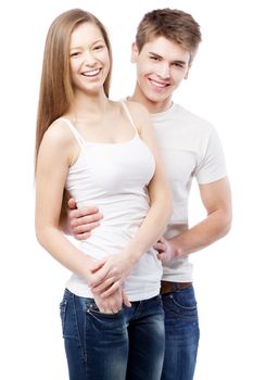 Young beautiful couple isolated on white background