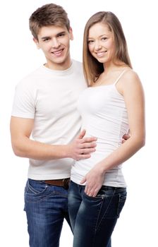 Young beautiful couple isolated on white background