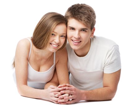 Young beautiful couple isolated on white background