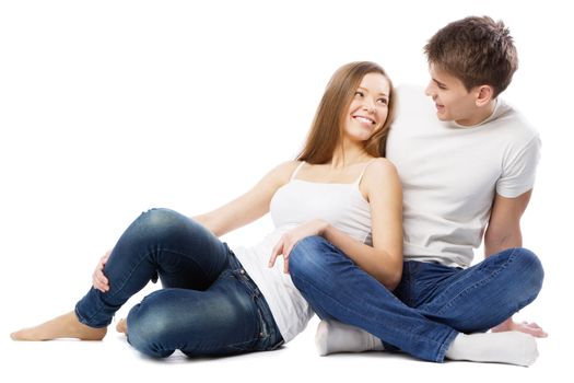 Young beautiful couple isolated on white background