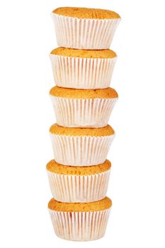 Stack of sweet muffins against white background