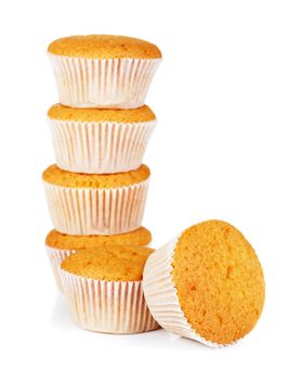 Stack of sweet muffins against white background