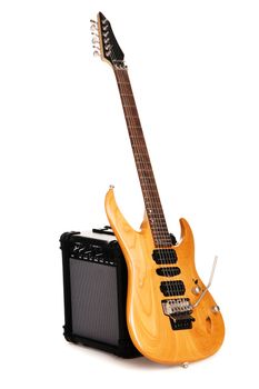 Electric guitar with amplifier, white background