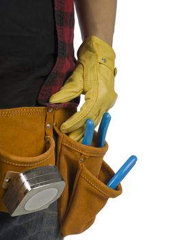 Cropped image of a man with toolbelt against the white surface