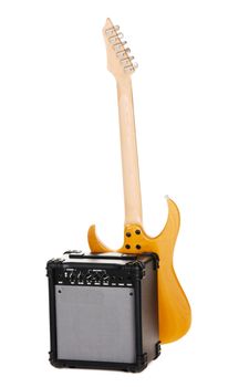 Electric guitar with amplifier, white background