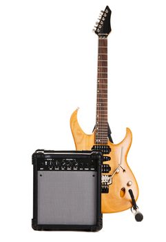 Electric guitar with amplifier, white background