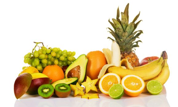 Assortment of exotic fruits on white background 