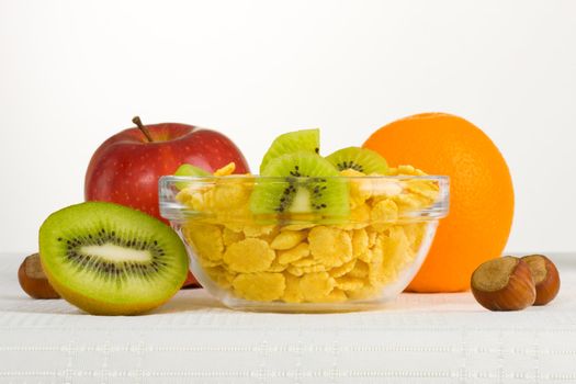 Healthy breakfast - cornflakes with fresh fruit