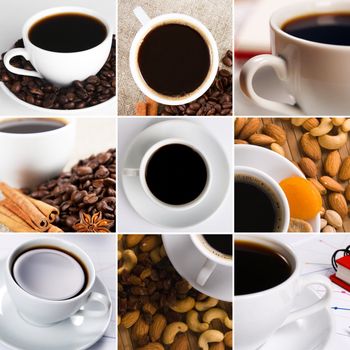 Coffee collage of cups, beans and other details