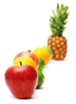 Row of bright fresh fruits isolated on white background