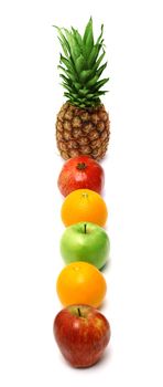 Row of bright fresh fruits isolated on white background