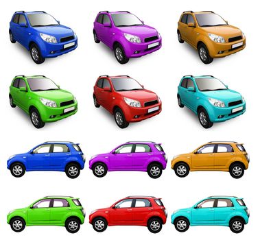 Cars isolated on white in different color, front and side views.