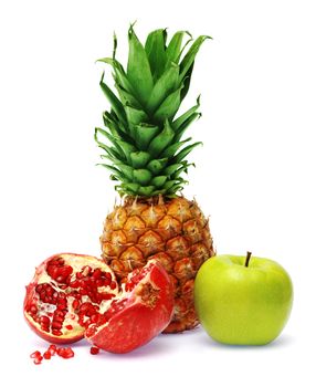 Fresh pineapple, pomegranate, and apples, isolated on white background