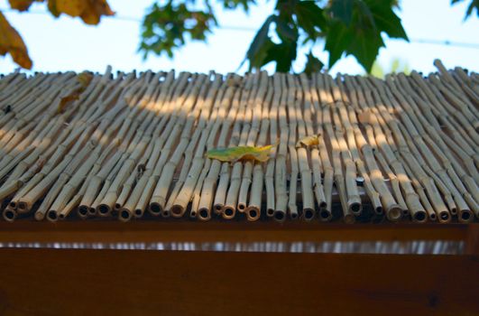 Bamboo covered roof closeup photo